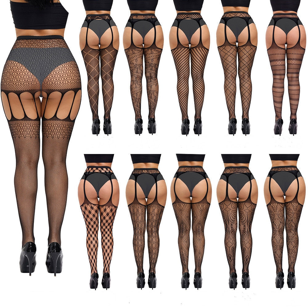 Sexy Fishnet High Waist Stocking With Garter Belt