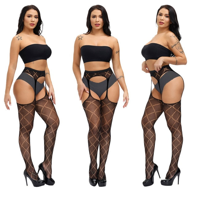 Sexy Fishnet High Waist Stocking With Garter Belt