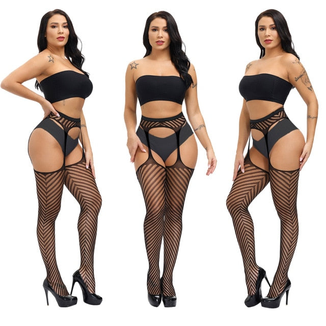 Sexy Fishnet High Waist Stocking With Garter Belt