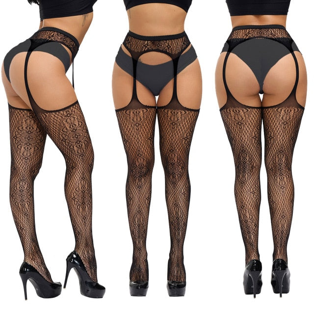 Sexy Fishnet High Waist Stocking With Garter Belt